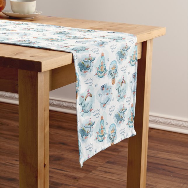Cute Nautical Whales Watercolor Pattern Short Table Runner (In Situ)