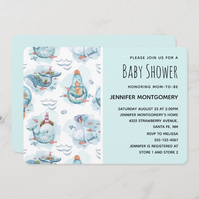 Cute Nautical Whales Watercolor Pattern Shower Invitation (Front/Back)