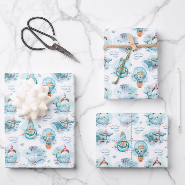Cute Nautical Whales Watercolor Pattern Wrapping Paper Sheet (Front)