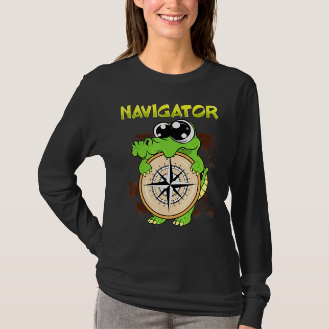 Cute  Navigator Pun Alligator Holding Compass T-Shirt (Front)