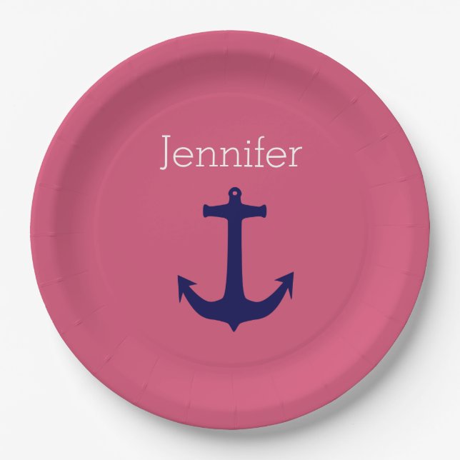 Cute Navy Anchor with Pink White Custom Name Paper Plate (Front)