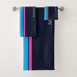 Cute Navy And Hot Pink Girls Modern Minimalist Gym Bath Towel Set