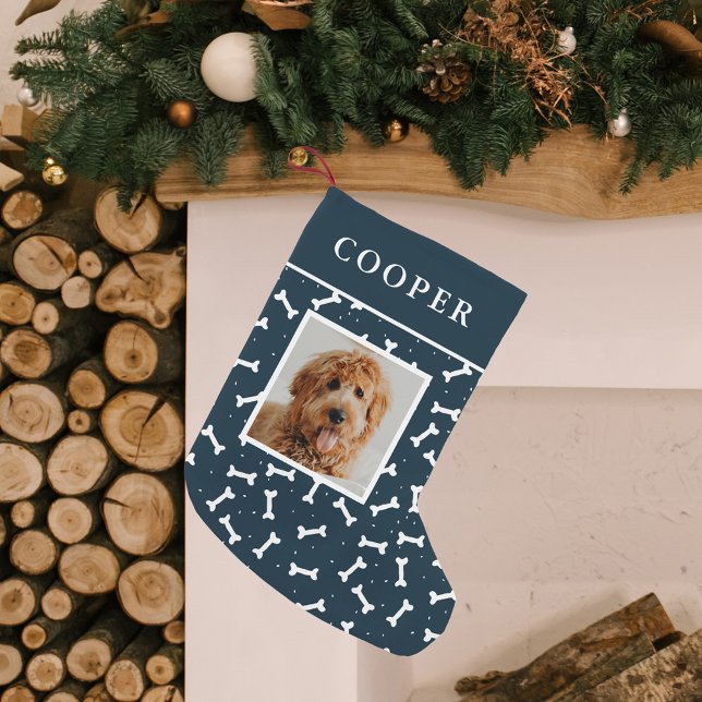 Cute Navy and White Dog Bone Pattern Dog Photo Small Christmas Stocking (Creator Uploaded)