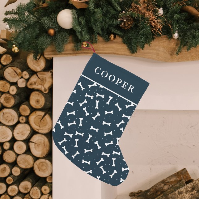 Cute Navy and White Dog Bone Pattern Personalised Small Christmas Stocking (Creator Uploaded)