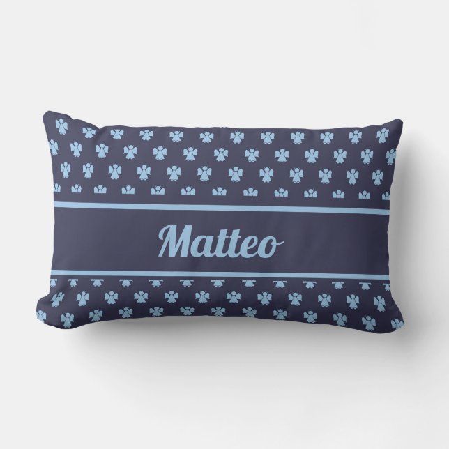 Cute navy blue angel pattern personalised name lumbar cushion (Front)