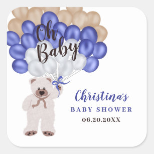 Cute navy blue balloon teddy bear boy baby shower square sticker