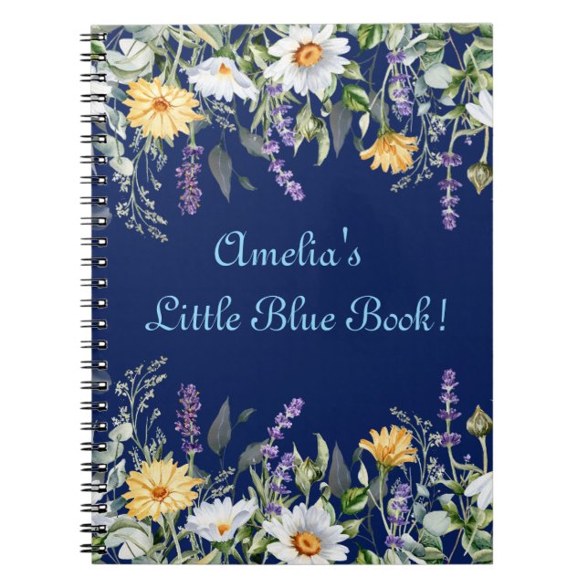 Cute Navy Blue Boho Wildflowers Personalised Notebook (Front)