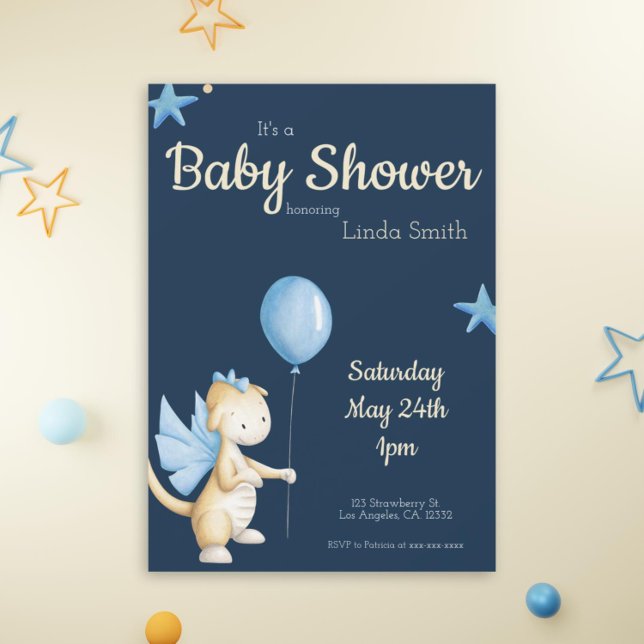 Cute Navy Blue Dragon with Balloon Baby Shower Invitation (Cute navy blue dragon baby shower invitation exclusive by Kinda Cute by Patricia Alvarez)