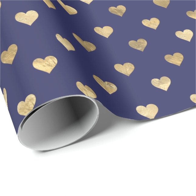 Cute Navy Blue Gold Hearts Pattern  Wrapping Paper (Roll Corner)