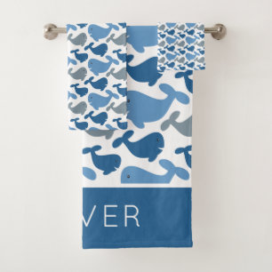 Cute Navy Blue Grey Whale Personalised Kids Bath Towel Set