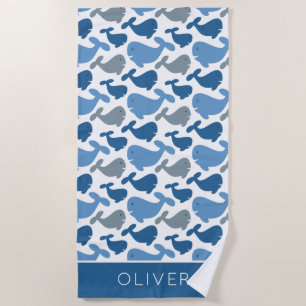 Cute Navy Blue Grey Whale Personalised Kids Beach Towel