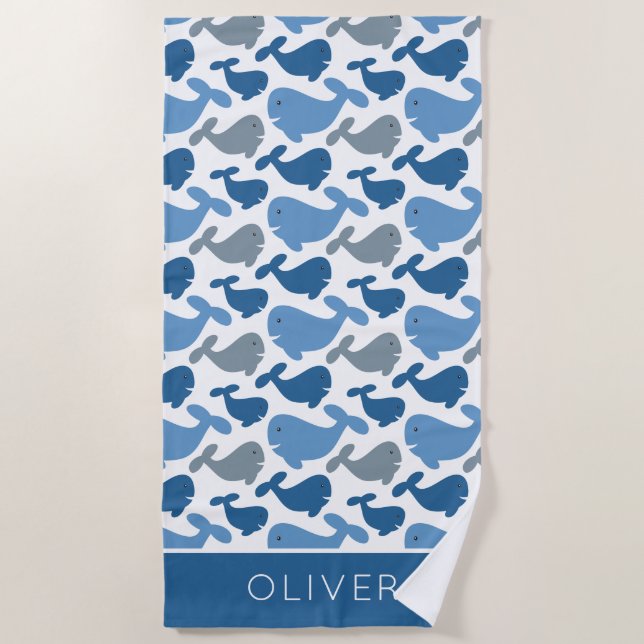 Cute Navy Blue Grey Whale Personalised Kids Beach Towel (Front)