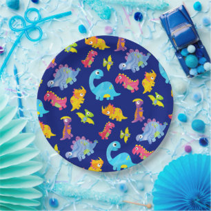 Cute Navy Blue Pattern Dinosaur Birthday Paper Plate