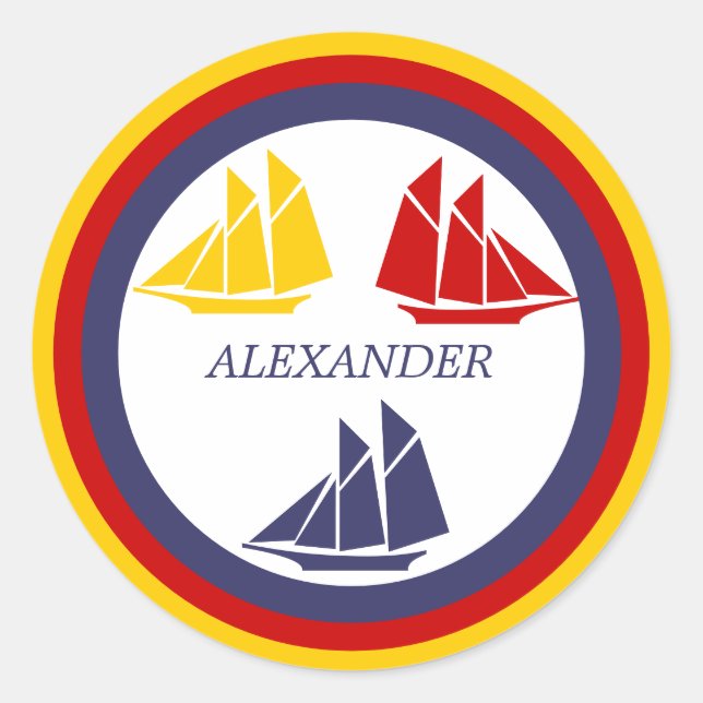 Cute Navy Blue Red Yellow Sailboat Stripe nautical Classic Round Sticker (Front)