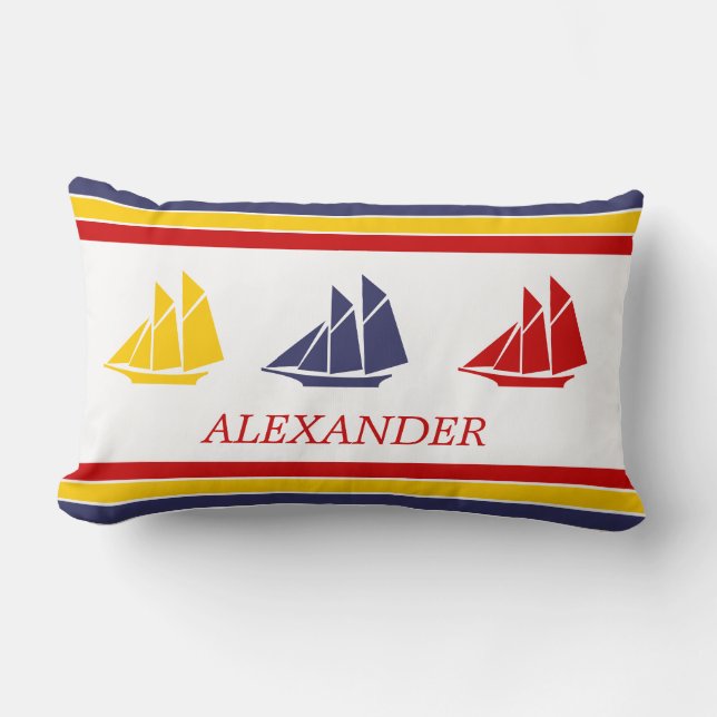 Cute Navy Blue Red Yellow Sailboat Stripe nautical Lumbar Cushion (Front)