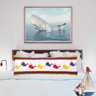 Cute Navy Blue Red Yellow WHALE  Striped nautical Body Cushion