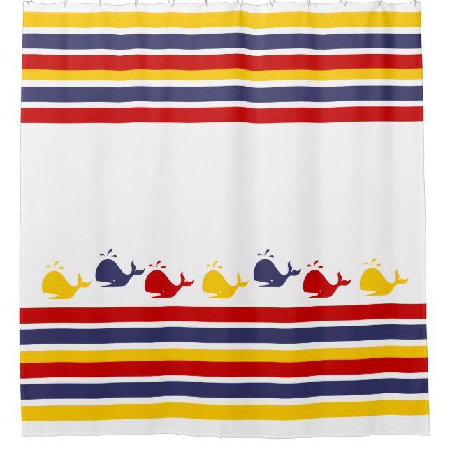 Cute Navy Blue Red Yellow WHALE  Striped nautical  Shower Curtain (Front)