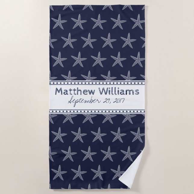Cute Navy Blue Starfish Custom Beach Towel (Front)