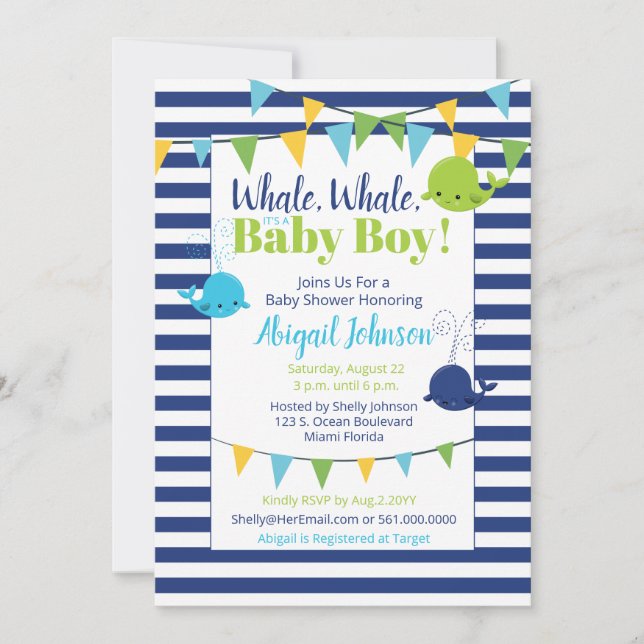 Cute Navy Blue Whale Baby Shower It's A Boy Invitation (Front)