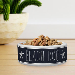 Cute Navy Blue & White Starfish Beach Dog Bowl