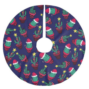 Cute Navy Decorated Cactus Tree Christmas Lights Brushed Polyester Tree Skirt