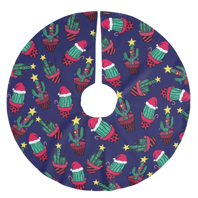 Cute Navy Decorated Cactus Tree Christmas Lights Brushed Polyester Tree Skirt (Front)