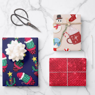 Cute Navy Decorated Cactus Tree Christmas Lights Wrapping Paper Sheet