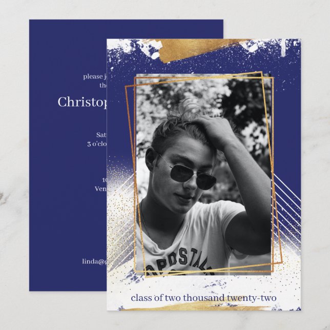 Cute Navy & Gold Framed Graduation Invitation (Front/Back)