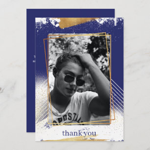 Cute Navy & Gold Framed Graduation Thank You Card