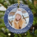 Cute Navy Nordic Snowflake Sweater Pattern Photo Ceramic Tree Decoration<br><div class="desc">Add a festive touch to your tree this holiday season with our elegant Nordic snowflake sweater pattern holiday photo ornament. The ornament displays your favourite photo encircled by a navy and white sweater pattern. The simple holiday photo ornament reverses to display the same pattern.</div>
