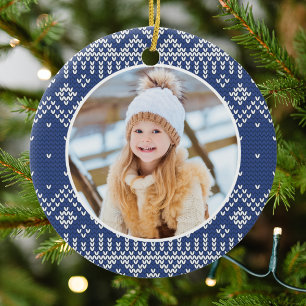 Cute Navy Nordic Snowflake Sweater Pattern Photo Ceramic Tree Decoration