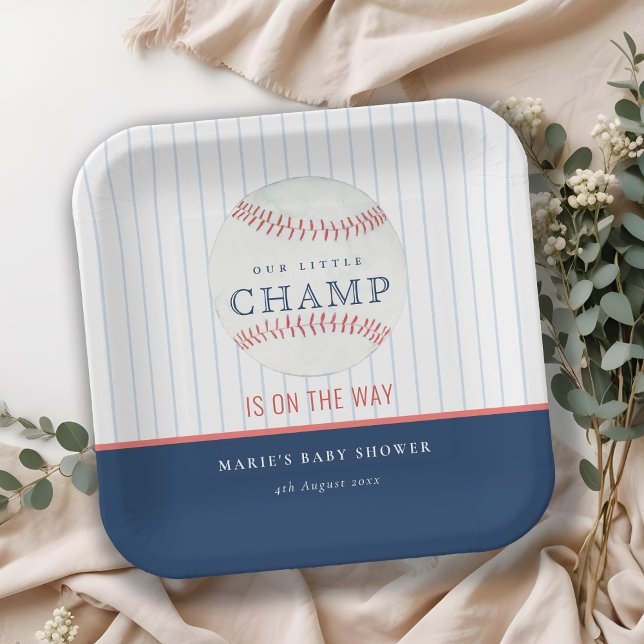 Cute Navy Our Little Champ Baseball Baby Shower Paper Plate (Creator Uploaded)