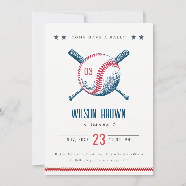 Cute Navy Red Baseball Bat Star Kids Birthday Invitation (Front)