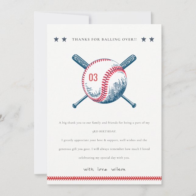 Cute Navy Red Baseball Bat Star Kids Birthday Thank You Card (Front)