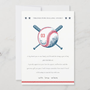 Cute Navy Red Baseball Bat Star Kids Birthday Thank You Card