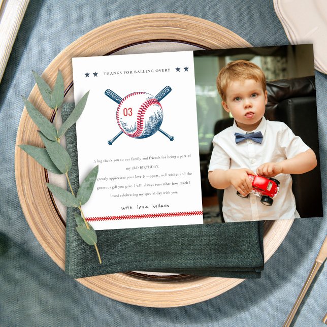 Cute Navy Red Baseball Kids Photo Birthday Thank You Card (Creator Uploaded)
