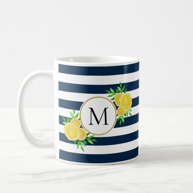 Cute Navy Stripes Yellow Watercolor Lemon Monogram Coffee Mug (Left)