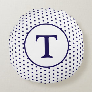 Cute Navy & White Polka-Dot Round Pillow