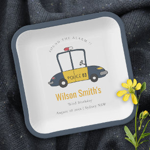 Cute Navy Yellow Police Car Kids Any Age Birthday Paper Plate