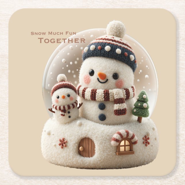 Cute Needle Felted Snowman Snowglobe Square Paper Coaster (Front)