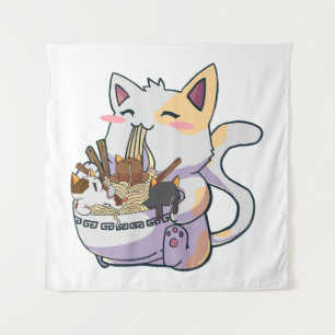 Cute Neko Cat With Ramen Noodles Bowl Anime Japan  Tapestry