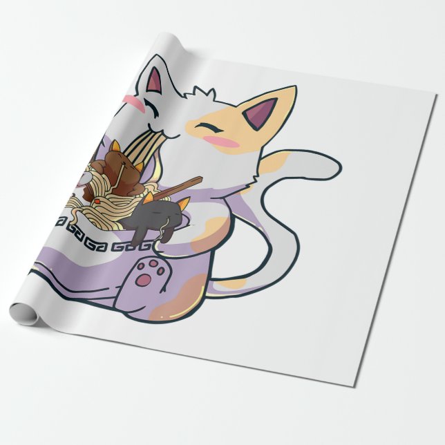 Cute Neko Cat With Ramen Noodles Bowl Anime Japan  Wrapping Paper (Unrolled)