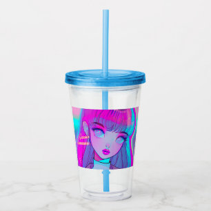 Cute Neon Anime Girl Acrylic Tumbler