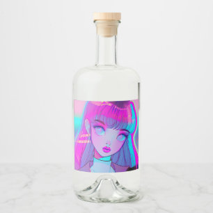 Cute Neon Anime Girl Liquor Bottle Label