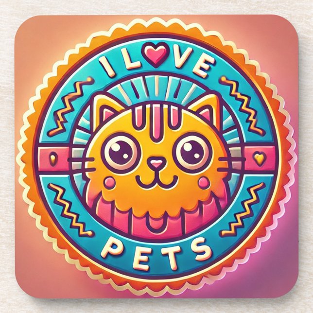 Cute Neon Cat Badge Coaster (Front)