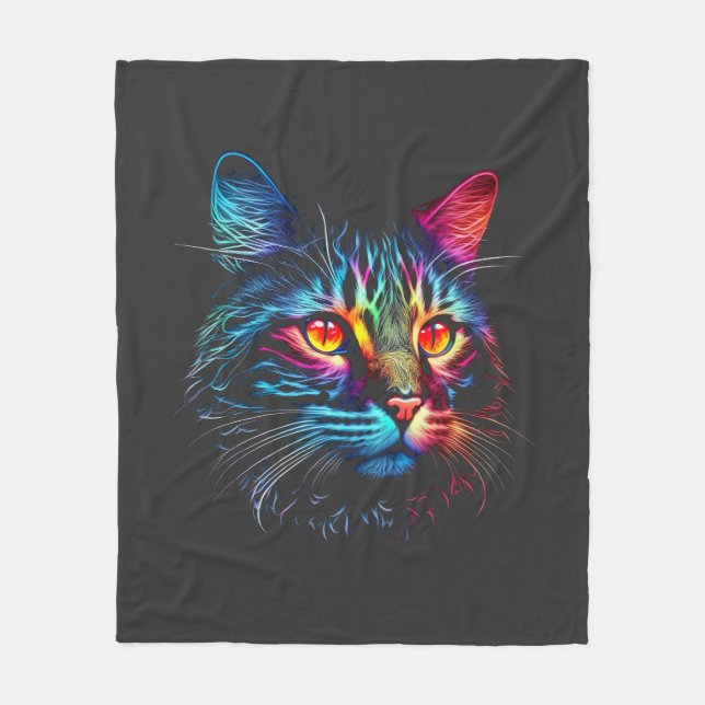 Cute Neon Cat Fleece Blanket (Front)