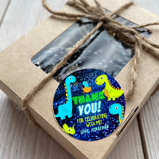 Cute Neon Colourful Dinosaurs Boy Party Thank You Classic Round Sticker (Creator Uploaded)