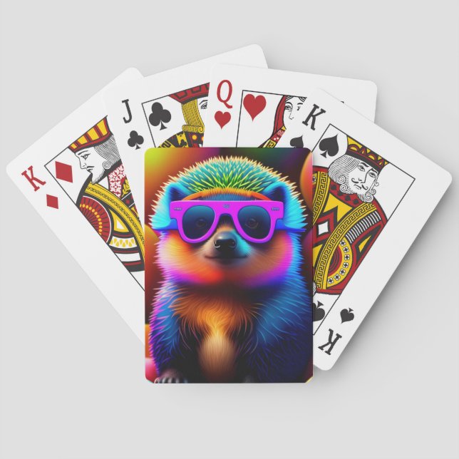 cute neon glasses hedgehog animal sunglasses funny playing cards (Back)