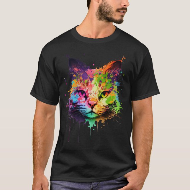 Cute Neon Graffiti Ink Splash Cat T-Shirt (Front)