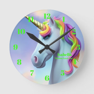 Cute Neon Green Pink Unicorn Personalised Message Round Clock